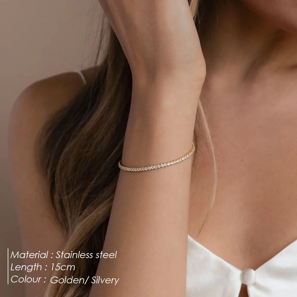 Stainless Steel 14K Gold PVD Plated 15cm Length Zircon Tennis Chain Bracelet Titanium Steel Full Paved Zircon Chain Bracelet