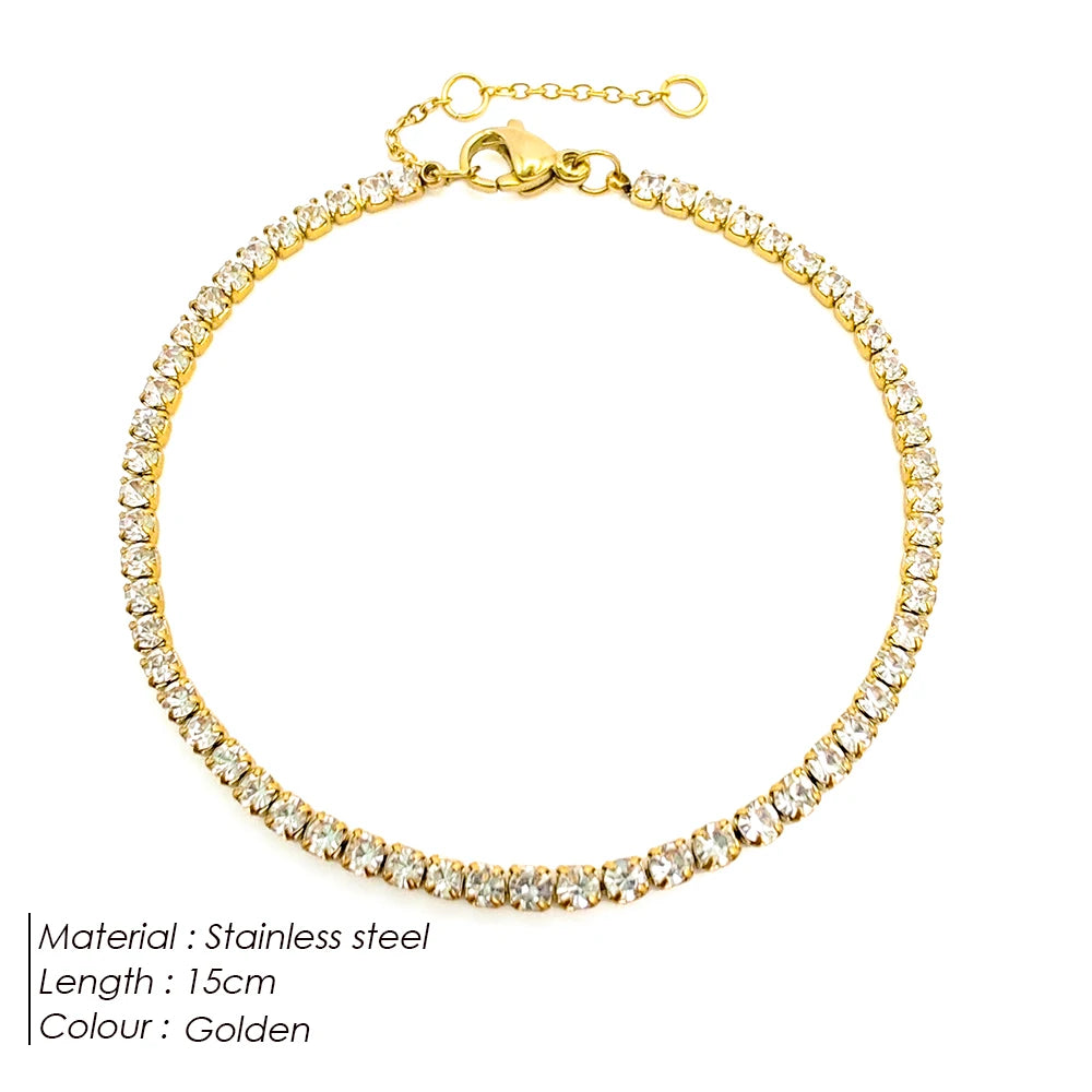 Stainless Steel 14K Gold PVD Plated 15cm Length Zircon Tennis Chain Bracelet Titanium Steel Full Paved Zircon Chain Bracelet